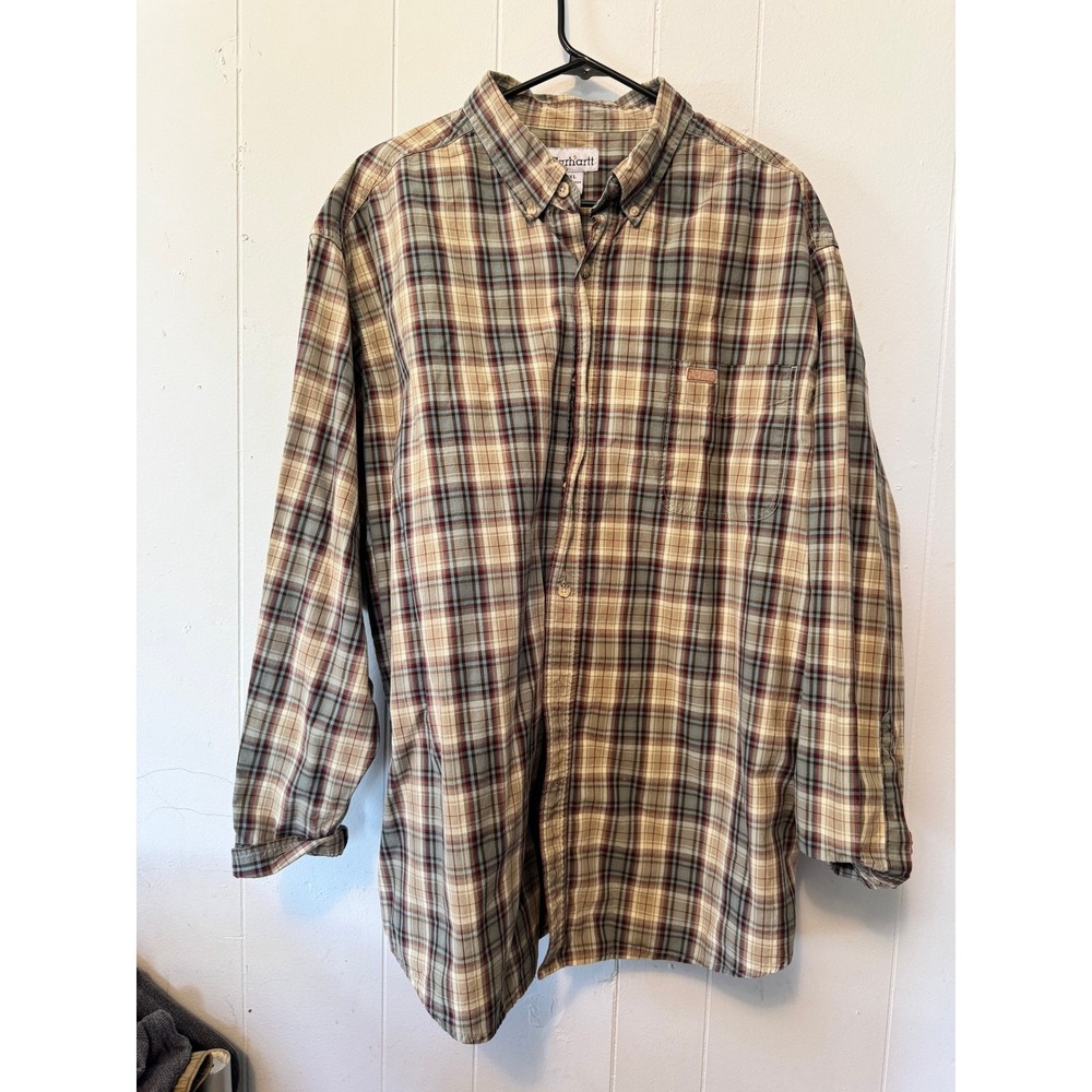 Carhartt Mens 2XL Plaid Short Sleeve Button Down Work Shirt Tan Red S130PTN